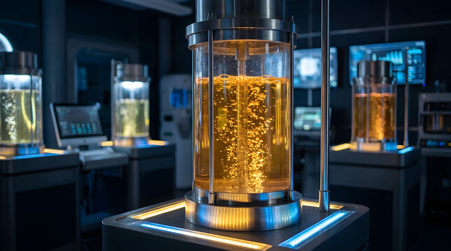 Laboratory experiment with bubbling golden liquid in glass cylinder, chemical processing pipeline, scientific research technology, modern analysis equipment, fluid dynamics study