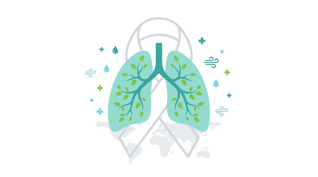 Vector illustration of healthy lungs with leaves, white ribbon, and world map representing respiratory health awareness