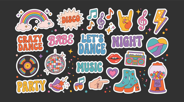 Colorful disco party stickers with dance music symbols and phrases on gray background