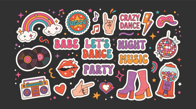 Colorful fun stickers for party music and dancing with disco elements and symbols