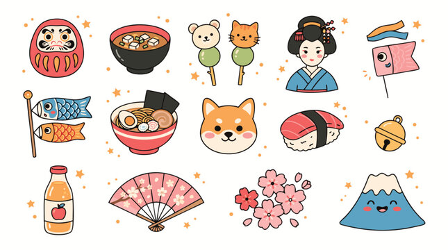 Cute Japanese cultural icons and food items with stars on white background
