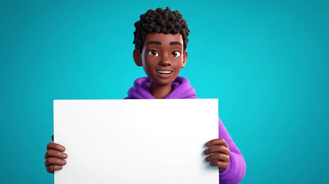 A cheerful young character holds a blank sign against a blue backdrop.