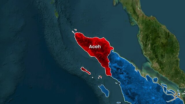 Animated map highlights the Indonesian province of Aceh in red motion footage