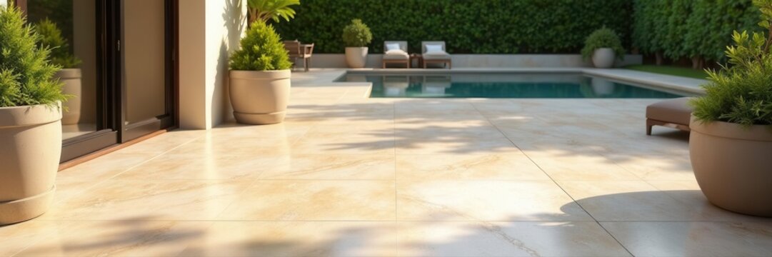 Beige marble tile flooring, outdoor patio detail, patio, flooring