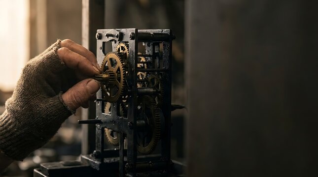 Skilled craftsman adjusting intricate vintage clockwork gears