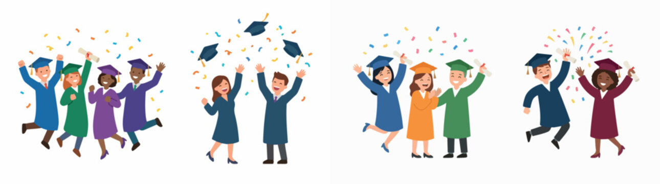 Happy diverse graduates in gowns celebrating achievement and throwing caps with confetti at graduation ceremony