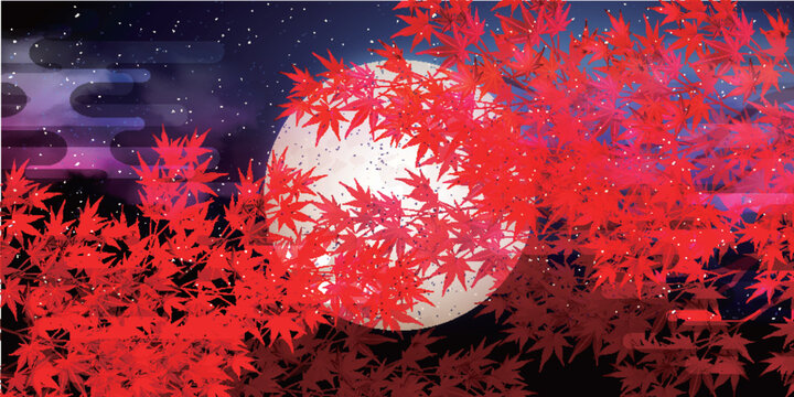 Bright Red Maple Leaves Against A Full Moon Sky