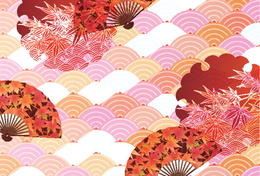 Elegant Japanese traditional background featuring maple leaves and folding fans