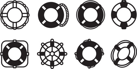 Set of eight different life buoy icons in black and white Vector © Alex