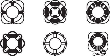 Set of six different life buoy icons in black and white Vector © Alex