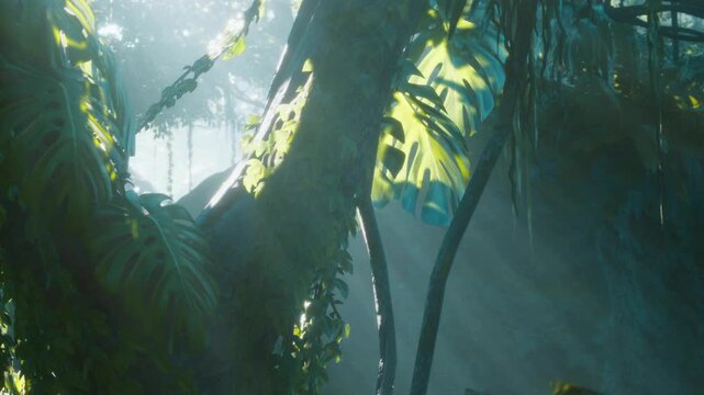 Sunlight filters through large green leaves in a dense forest. The light creates a warm glow in the air. Trees stand tall around the area. The scene shows natures beauty and peacefulness.