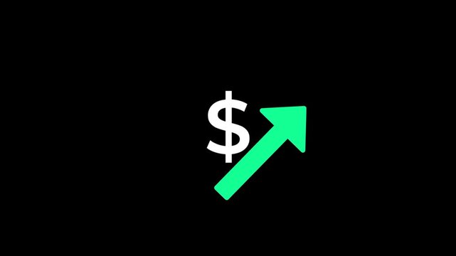 Simple dollar sign icon with a bold green upward arrow representing a price increase profit growth or positive financial trend symbol for modern app