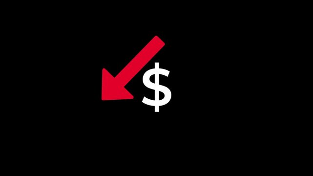 Simple dollar sign icon with a bold red downward arrow representing a price decrease loss decline or negative financial trend symbol for modern app