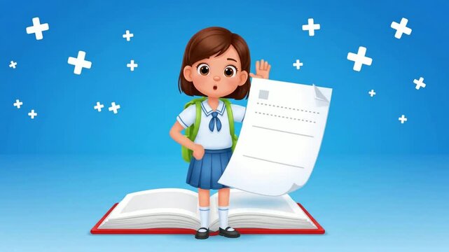 Animated schoolgirl character presenting blank document with open book, 3 d cartoon style education concept for e-learning and academic png. ai generated