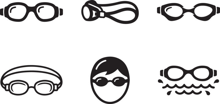 Set of six swimming goggles icons with swimmer face illustration Vector