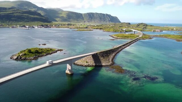 Wide aerial view of the famous Atlantic Ocean Road bridges connecting small islands along the coast of Norway