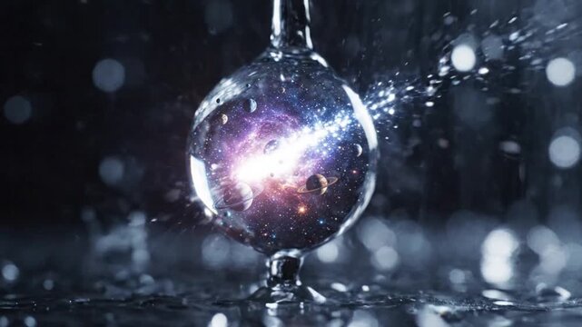 Galaxy Inside a Crystal Sphere Amidst Rain