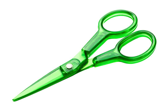 Hair-cutting green scissor handle plastic stainless steel isolated on cutout PNG or transparent background. Professional hairstyling tools. Polished metallic finish premium craftsmanship against.