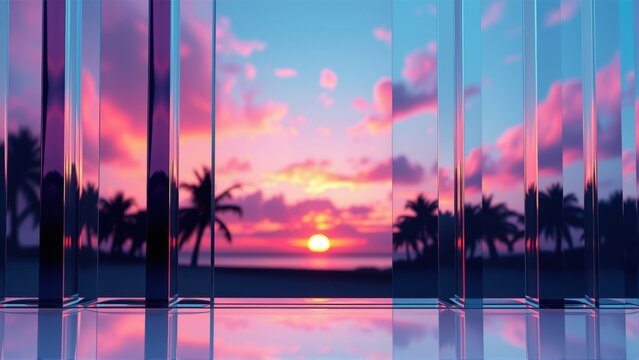 Sunset view through glass panels. Reflections create vibrant, symmetrical composition. Calm ocean meets colorful sky. Peaceful scene.
