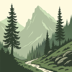 Fototapeta premium Evergreen Mountain Ridges Flat Vector Landscape