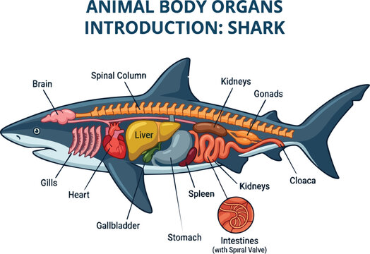 An anatomical diagram of a sharks internal organs with labels identifying body parts