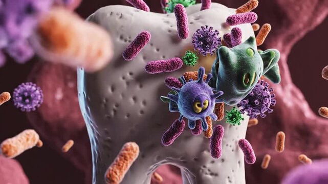 Molar tooth surrounded by floating microscopic bacteria and viruses.
