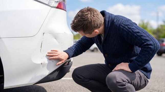 Man inspecting damage on white car bumper after accident, checking scratches and dents on vehicle rear, auto insurance claim assessment, collision repair estimate