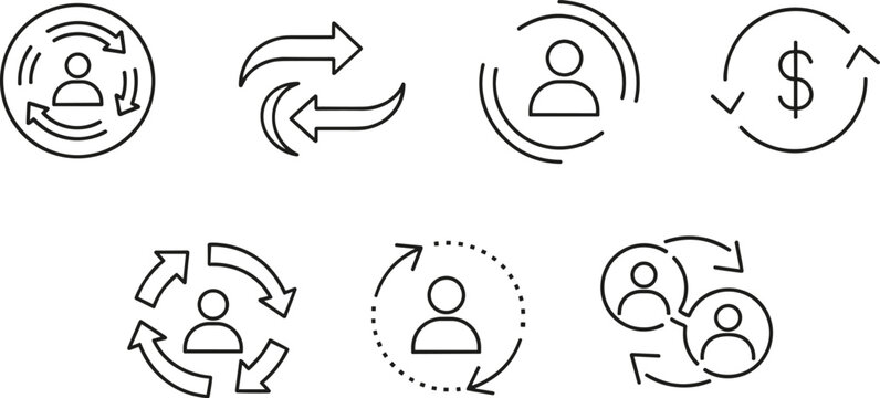 Business human resources icon set minimal line vector illustration for customer lifecycle employee rotation turnover cash management.