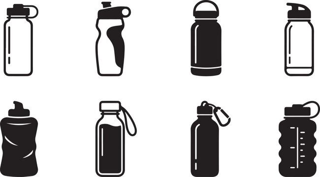 Eight different water bottle designs in black and white icons Vector