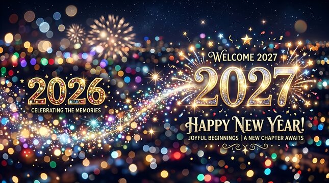 Welcome 2027 happy new year joyful beginnings, new chapter awaits with 2026 celebrating memories.