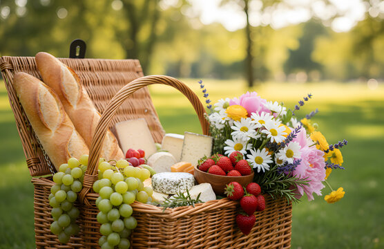Rustic Wicker Picnic Basket Filled with Fresh Bread Cheese Fruit and Flowers in a Sunny Park