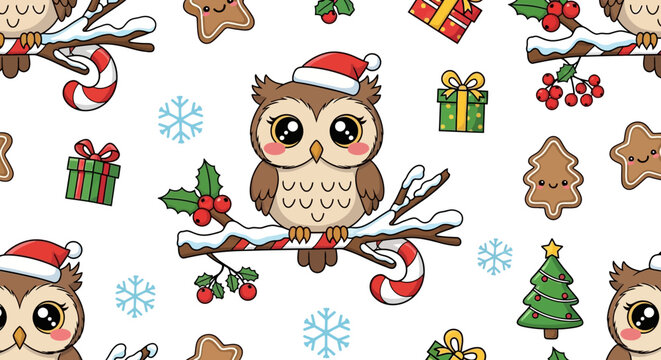 Cute Owl Wearing Santa Hat, Christmas Tree, Snowflakes, Candy Canes, Gifts, Holly, Cookies Seamless Pattern
