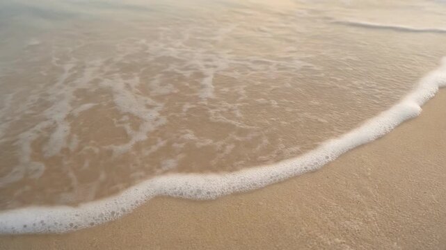 Gentle sea waves with white foam washing over sandy beach shore