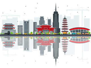 Obraz premium Modern and Traditional Asian City Skyline with Pagoda and Skyscrapers