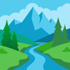 Fototapeta premium Mountain River Valley Flat Vector Landscape