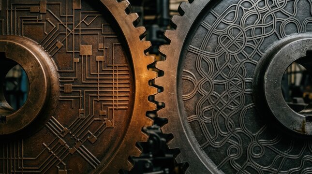 Macro detail of two interlocking metal gears with complex mechanical patterns