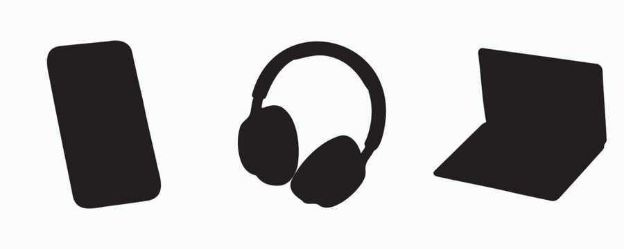 Minimalist collection of consumer electronics icons featuring a smartphone, over-ear headphones, and a laptop computer. Bold black vector silhouettes isolated on a light background for technology, com