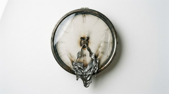 Melting wall clock with distorted metal hands on a white background