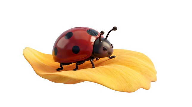 A cute 3D rendered ladybug with black spots on a vibrant red shell, walking on a delicate yellow flower petal, isolated on a white background.