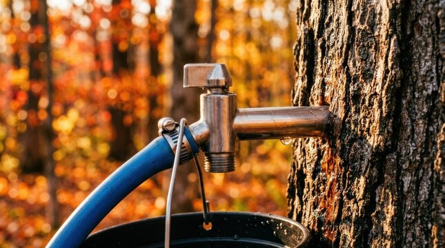 Metal tap harvesting maple sap from a tree trunk in an autumn forest