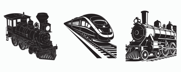 Collection of train vector illustrations featuring a vintage steam locomotive, a modern high-speed passenger train, and a classic railway engine. Detailed black transportation icons isolated  © MD Rokib Adobe