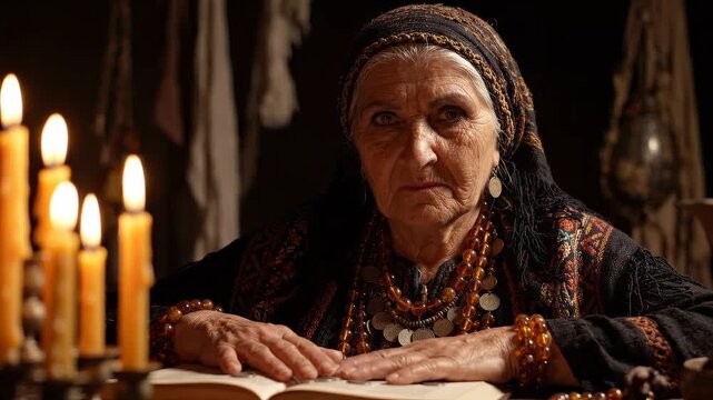 Romani fortune teller woman stares directly into camera with intense unreadable eyes. Chiaroscuro candlelight illuminates one face side. Amber beads and headscarf visible. Mystic portrait concept