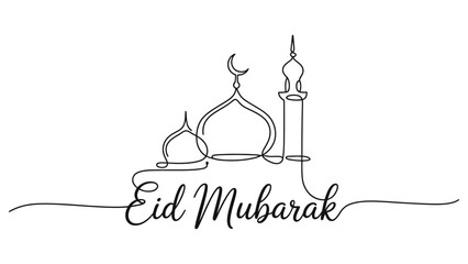 Eid mubarak greeting design with continuous single line drawing of a mosque and a crescent moon for islamic religious celebration and holiday card © Dulal