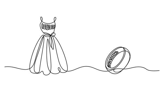 Continuous single line drawing of a beautiful wedding dress and a gold engagement ring for a romantic ceremony and marriage celebration concept art