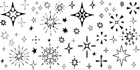 whimsical doodle stars and celestial sparkles on white background pattern black illustration vector art design space astronomy cosmic fantasy drawing © Rekha