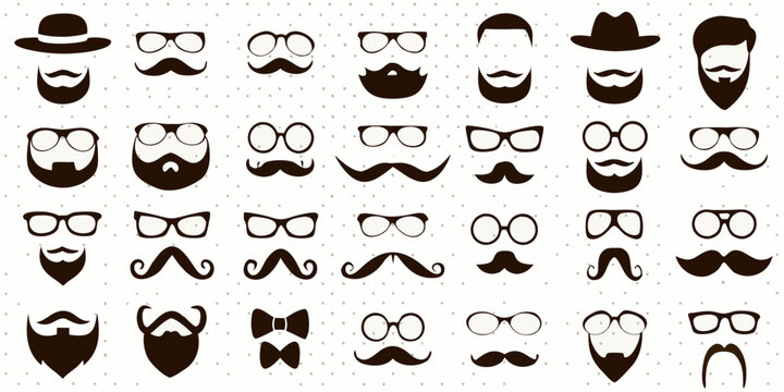 hipster mustaches and accessories vector collection on dotted background beards glasses bowtie hat illustration brown white pattern retro fashion style
