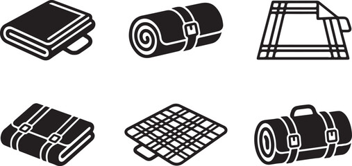 Flat camping gear icon set with sleeping bag, mattress, and tent Vector © rohan