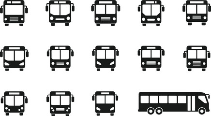 Public bus and urban transit silhouette icon set with front view vector symbols for transport navigation maps © Ma