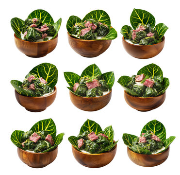Lu Pulu corned beef cooked in coconut milk in taro leaves in wooden bowl, isolated on white background, concept of Polynesian food