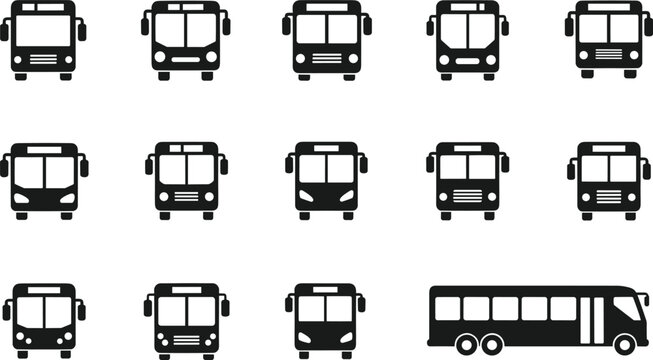 Public bus and urban transit silhouette icon set with front view vector symbols for transport navigation maps